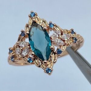 Rose Gold Teal Blue Marquise Ring Art Deco Vintage Floral CZ Size 7